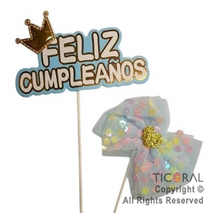CAKE TOPPER CON 1 MOO FELIZ CUMPLEAOS CELESTE